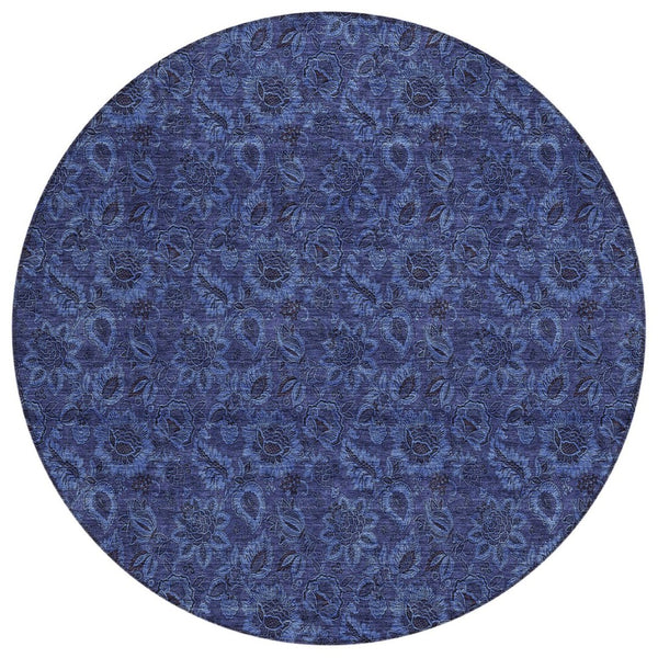 HomeRoots 5' Refresh Your Space with Navy Blue Charcoal Floral Indoor Outdoor Rug - Durable & Washable Design 8' Round 580528