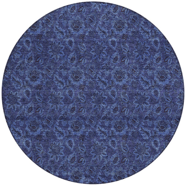 Homeroots 3' Denim Blue Floral Washable Area Rug – Perfect For Indoor And Outdoor Spaces, Durable & Stylish 8' Round Polyester 580528