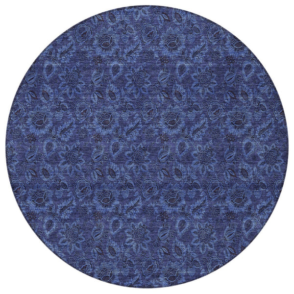 Homeroots 3' Denim Blue Floral Washable Area Rug – Perfect For Indoor And Outdoor Spaces, Durable & Stylish 8' Round Polyester 580528