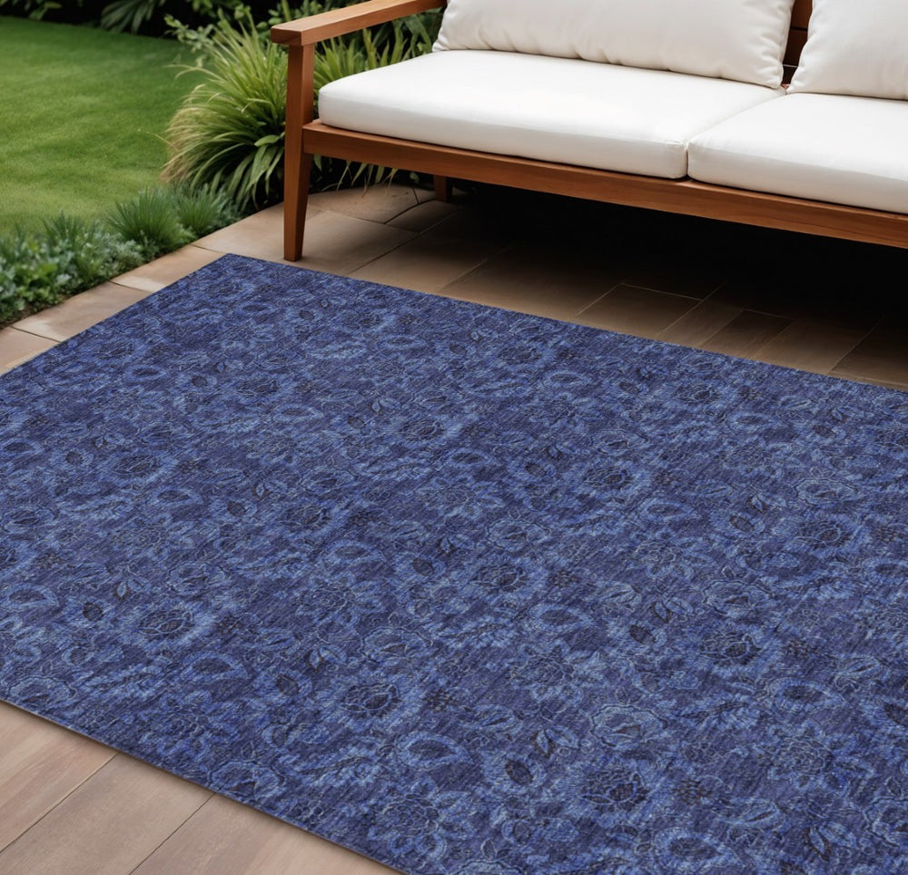 HomeRoots 9' Navy Blue and Charcoal Floral Washable Area Rug - Elegant Design for Indoor and Outdoor Spaces 9' X 12' 580530