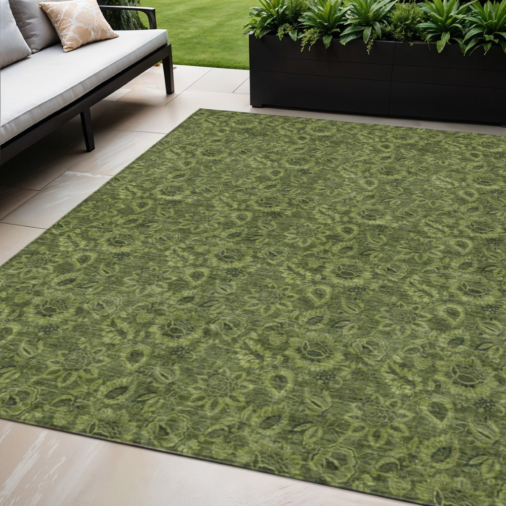 HomeRoots 5' Stylish Olive and Fern Green Floral Washable Area Rug for Indoor and Outdoor Living Spaces 5' X 8' 580533