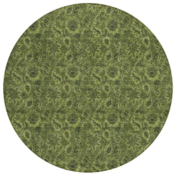 HomeRoots 5' Stylish Olive and Fern Green Floral Washable Area Rug for Indoor and Outdoor Living Spaces 8' Round 580534