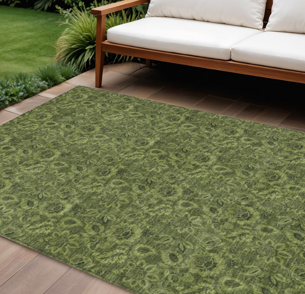 HomeRoots 9' Floral Area Rug - Durable Olive & Fern Green Design for Indoor/Outdoor Use, Machine Washable Care 9' X 12' 580536