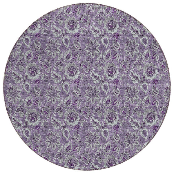 HomeRoots 5' Floral Washable Area Rug in Purple Lilac and Lavender - Stylish, Durable Design for Indoor & Outdoor Use 8' Round 580540