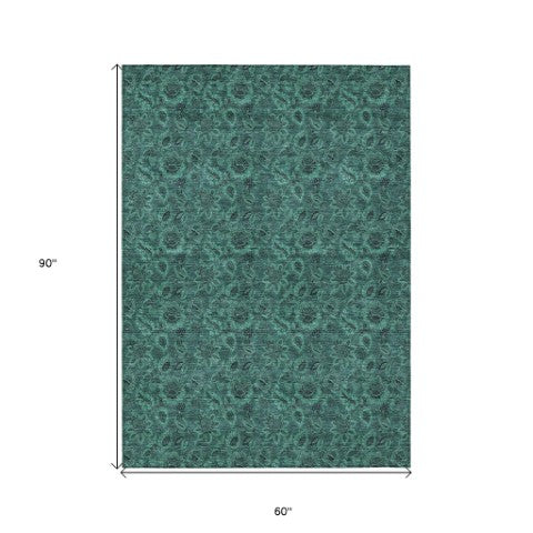 Homeroots 3' Denim Blue Floral Washable Area Rug – Perfect For Indoor And Outdoor Spaces, Durable & Stylish 5' X 8' Polyester 580551