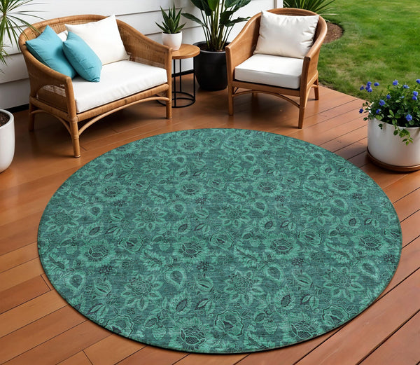 Homeroots 3' Denim Blue Floral Washable Area Rug – Perfect For Indoor And Outdoor Spaces, Durable & Stylish 8' Round Polyester 580552
