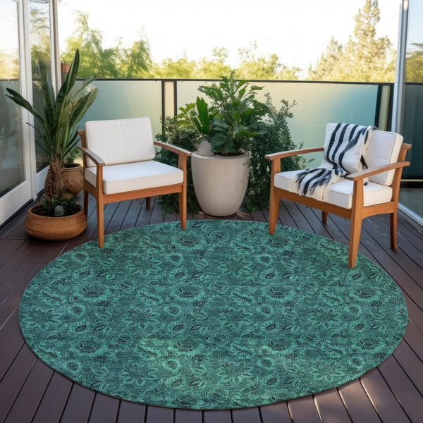 Homeroots 3' Denim Blue Floral Washable Area Rug – Perfect For Indoor And Outdoor Spaces, Durable & Stylish 8' Round Polyester 580552