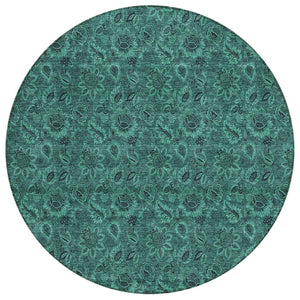 HomeRoots 5' Vibrant Teal Blue Green Floral Washable Area Rug - Durable, Stylish, Indoor/Outdoor Versatility 8' Round 580552