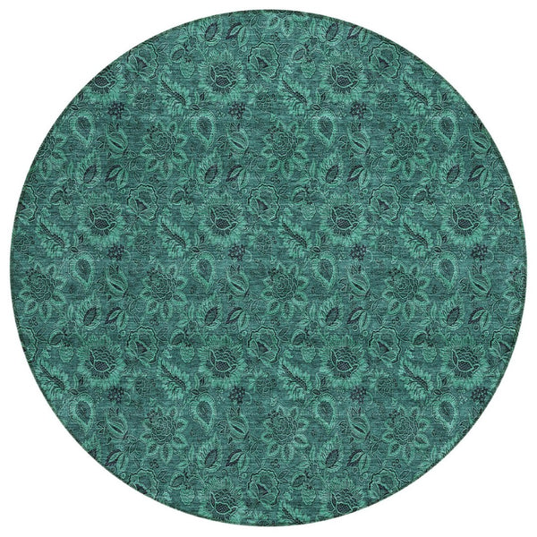 HomeRoots 5' Vibrant Teal Blue Green Floral Washable Area Rug - Durable, Stylish, Indoor/Outdoor Versatility 8' Round 580552