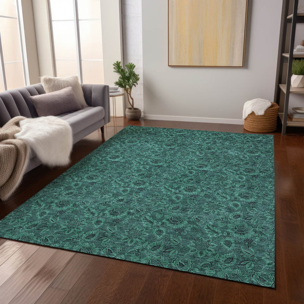 Homeroots 3' Denim Blue Floral Washable Area Rug – Perfect For Indoor And Outdoor Spaces, Durable & Stylish 9' X 12' Polyester 580554