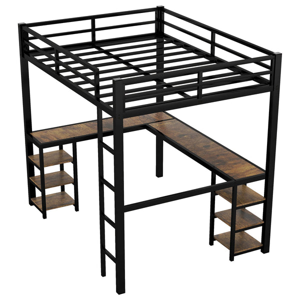 English Elm Full Metal Loft Bed With Vintage Wood Desk & Shelves - Stylish Space-Saving Solution For Bedrooms W1580S00040