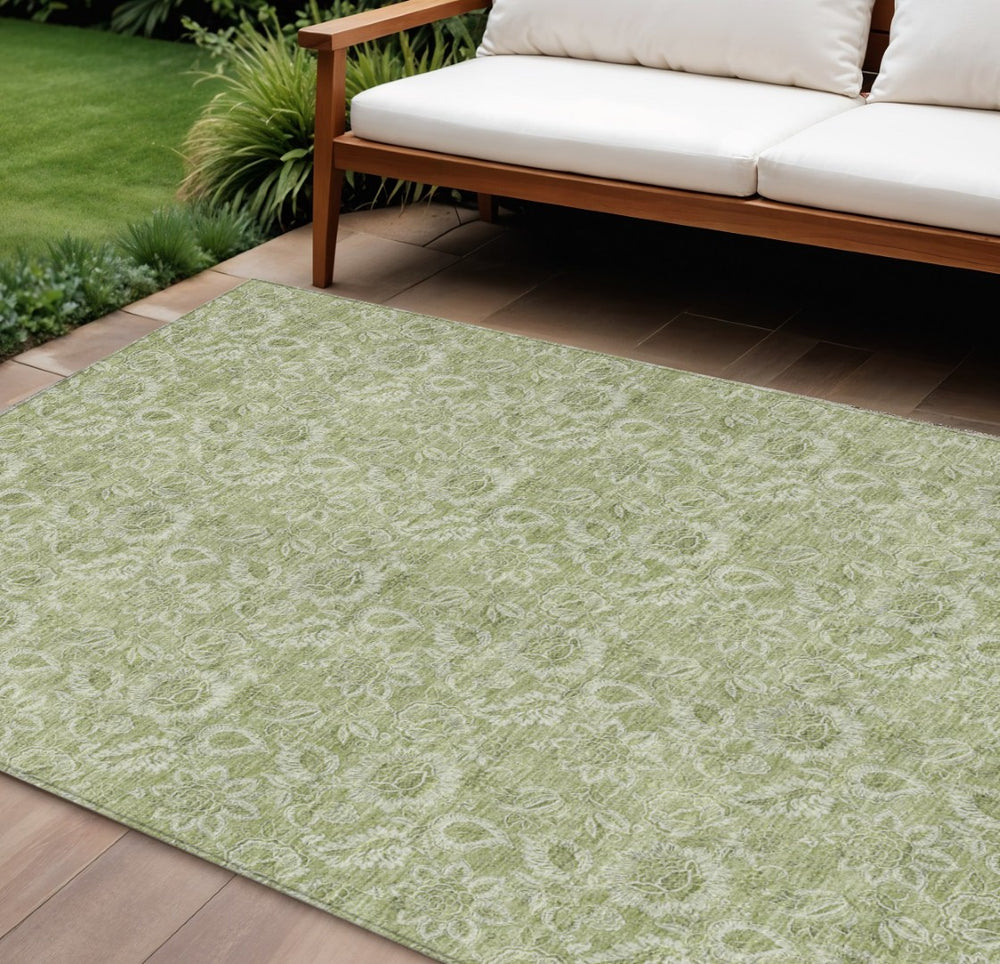 HomeRoots 5' Floral Washable Area Rug in Green, Blue, and Ivory – Durable, Stylish for Indoor & Outdoor Use 10' X 14' 580567