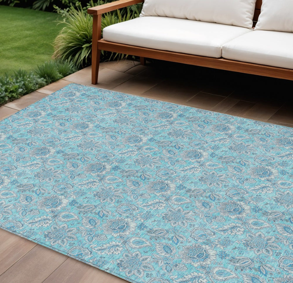 HomeRoots 5' Floral Aqua Blue and Silver Area Rug – Durable, Washable Design for Indoor and Outdoor Spaces 5' X 8' 580569