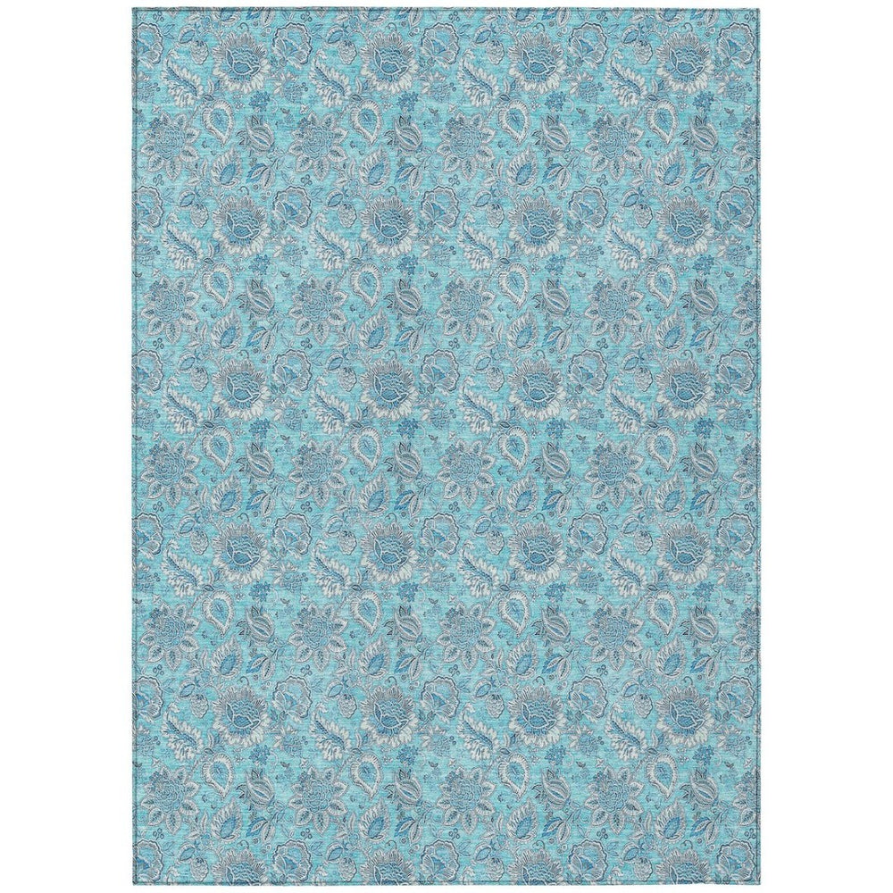 HomeRoots 5' Floral Aqua Blue and Silver Area Rug – Durable, Washable Design for Indoor and Outdoor Spaces 5' X 8' 580569