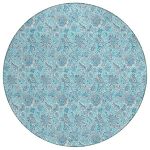 HomeRoots 5' Floral Aqua Blue and Silver Area Rug – Durable, Washable Design for Indoor and Outdoor Spaces 8' Round 580570