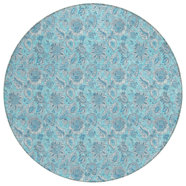 HomeRoots 5' Floral Aqua Blue and Silver Area Rug – Durable, Washable Design for Indoor and Outdoor Spaces 8' Round 580570