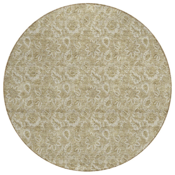 HomeRoots 5' Elegant Floral Area Rug in Beige, Taupe, and Brown - Durable, Washable for Indoor and Outdoor Use 8' Round 580576