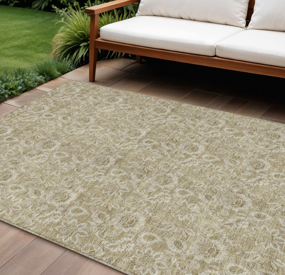 HomeRoots 5' Elegant Floral Area Rug in Beige, Taupe, and Brown - Durable, Washable for Indoor and Outdoor Use 10' X 14' 580579