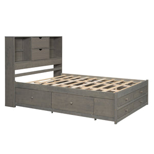 English Elm Queen Platform Bed with Built-In Headboard Storage and 8 Drawers, Solid Wood MDF, Sturdy Design Gray GX000453AAE