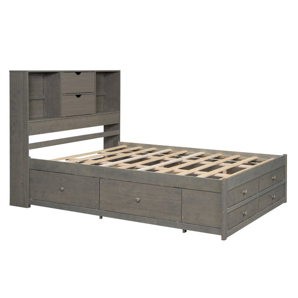 English Elm Queen Platform Bed with Built-In Headboard Storage and 8 Drawers, Solid Wood MDF, Sturdy Design Gray GX000453AAE