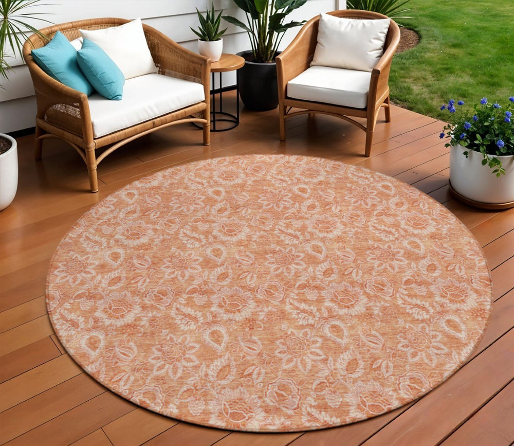 HomeRoots 5' Salmon and Copper Floral Washable Area Rug – Ideal for Indoor and Outdoor Spaces, Easy Care! 8' Round 580606