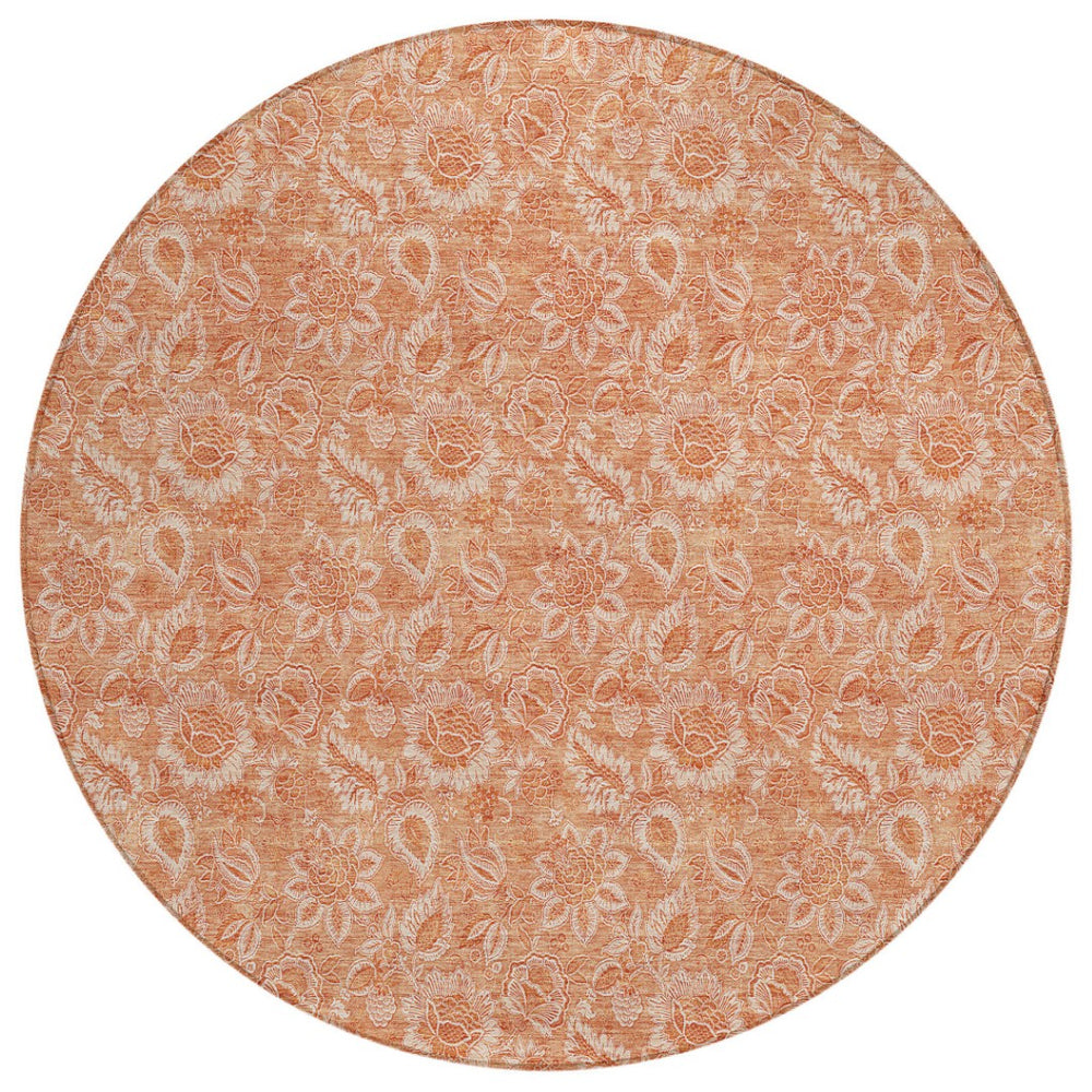 HomeRoots 5' Salmon and Copper Floral Washable Area Rug – Ideal for Indoor and Outdoor Spaces, Easy Care! 8' Round 580606