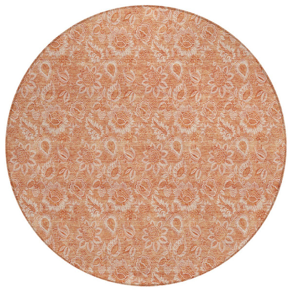 HomeRoots 5' Salmon and Copper Floral Washable Area Rug – Ideal for Indoor and Outdoor Spaces, Easy Care! 8' Round 580606