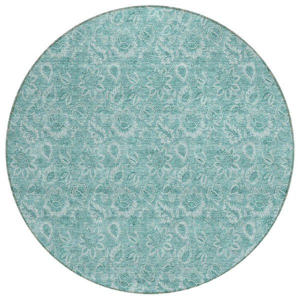 HomeRoots 5' Vibrant Teal Blue & Aqua Floral Area Rug – Durable, Washable Design for Indoor & Outdoor Spaces 8' Round 580612