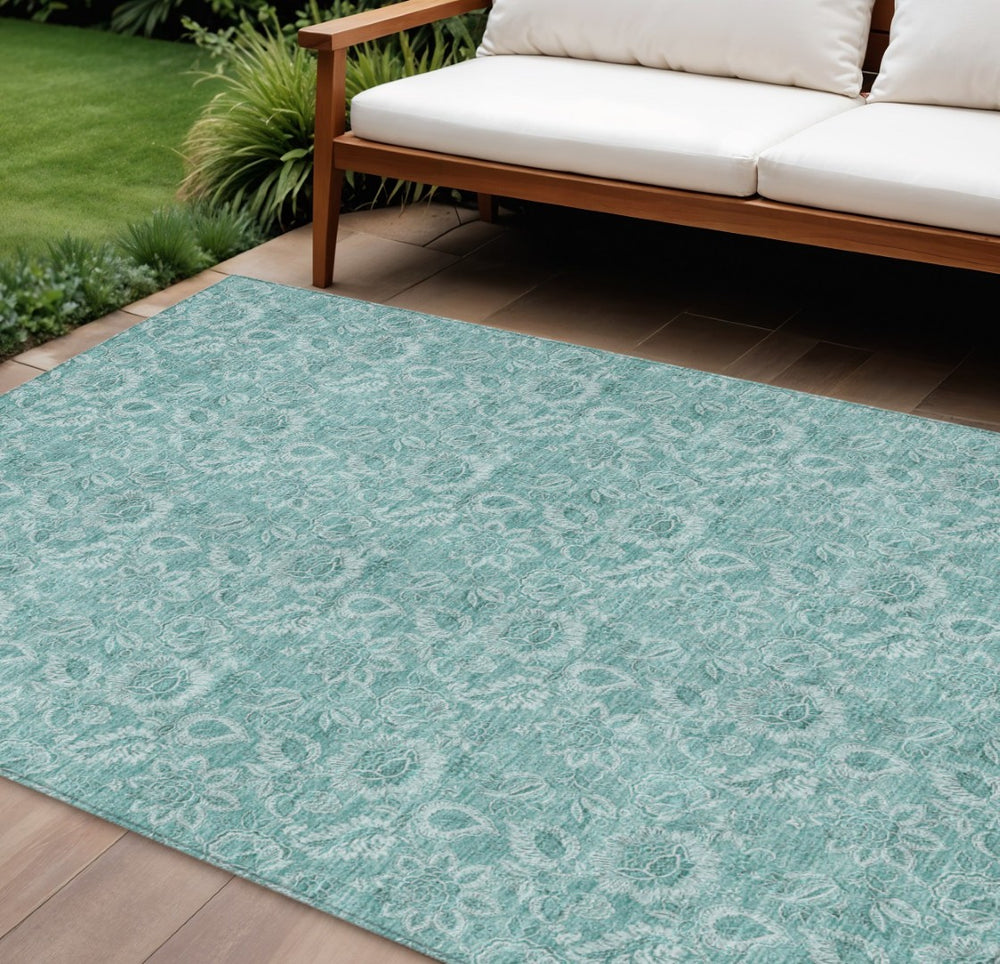 HomeRoots 9' Teal Blue and Aqua Floral Washable Area Rug – Durable, Stylish Accent for Indoor and Outdoor Spaces 9' X 12' 580614