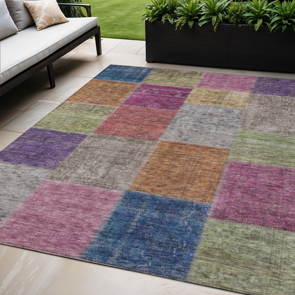 Homeroots 3' Copper Navy Blue And Gold Patchwork Area Rug – Stylish, Washable, Indoor/Outdoor & Durable Design 5' X 8' Polyester 580617
