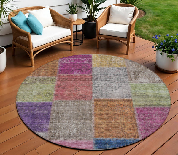 Homeroots 3' Copper Navy Blue And Gold Patchwork Area Rug – Stylish, Washable, Indoor/Outdoor & Durable Design 8' Round Polyester 580618