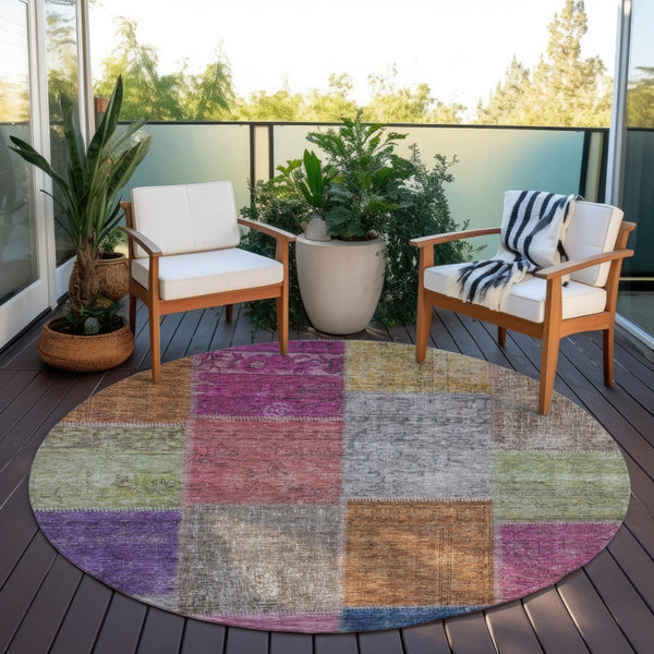 Homeroots 3' Copper Navy Blue And Gold Patchwork Area Rug – Stylish, Washable, Indoor/Outdoor & Durable Design 8' Round Polyester 580618