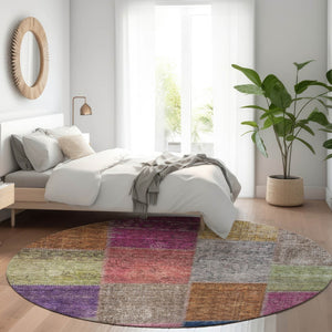 Homeroots 3' Copper Navy Blue And Gold Patchwork Area Rug – Stylish, Washable, Indoor/Outdoor & Durable Design 8' Round Polyester 580618