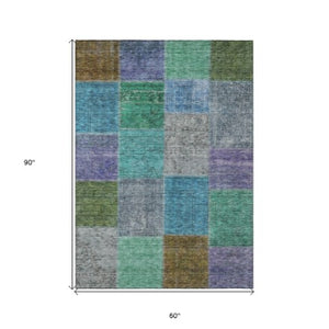 Homeroots 3' Copper Navy Blue And Gold Patchwork Area Rug – Stylish, Washable, Indoor/Outdoor & Durable Design 5' X 8' Polyester 580629