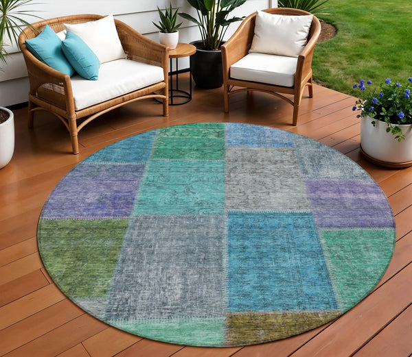 Homeroots 3' Copper Navy Blue And Gold Patchwork Area Rug – Stylish, Washable, Indoor/Outdoor & Durable Design 8' Round Polyester 580630