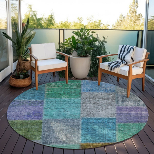 Homeroots 3' Copper Navy Blue And Gold Patchwork Area Rug – Stylish, Washable, Indoor/Outdoor & Durable Design 8' Round Polyester 580630