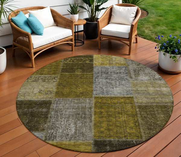 Homeroots 3' Copper Navy Blue And Gold Patchwork Area Rug – Stylish, Washable, Indoor/Outdoor & Durable Design 8' Round Polyester 580642