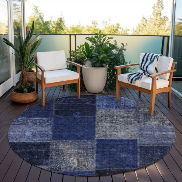 Homeroots 3' Copper Navy Blue And Gold Patchwork Area Rug – Stylish, Washable, Indoor/Outdoor & Durable Design 8' Round Polyester 580648