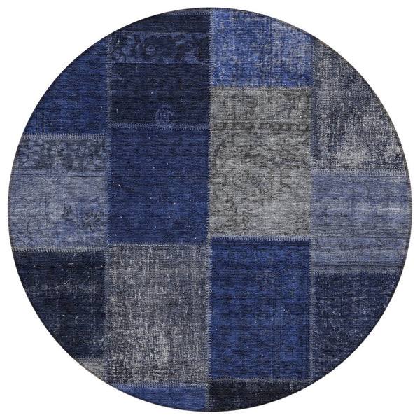 HomeRoots 5' Navy and Denim Blue Patchwork Indoor Outdoor Area Rug - Durable, Washable, and Stylish Design 8' Round 580648