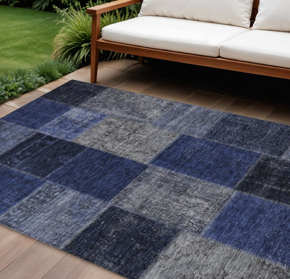 HomeRoots 5' Navy and Denim Blue Patchwork Indoor Outdoor Area Rug - Durable, Washable, and Stylish Design 10' X 14' 580651