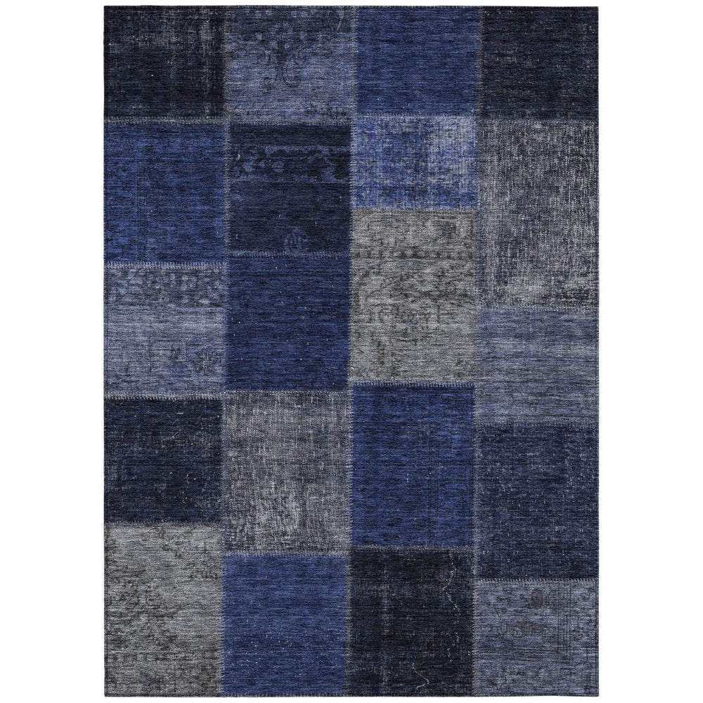 HomeRoots 5' Navy and Denim Blue Patchwork Indoor Outdoor Area Rug - Durable, Washable, and Stylish Design 10' X 14' 580651