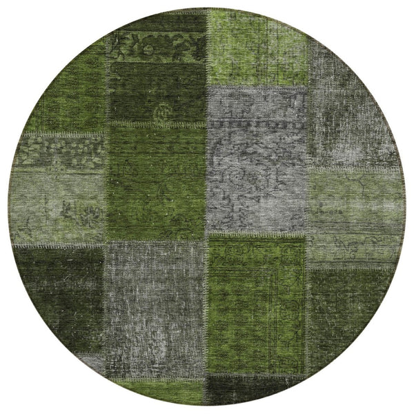 HomeRoots 5' Olive Green and Artichoke Green Patchwork Area Rug - Durable, Washable, Indoor/Outdoor Decor 8' Round 580654