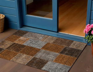 Homeroots 3' Copper Navy Blue And Gold Patchwork Area Rug – Stylish, Washable, Indoor/Outdoor & Durable Design 3' X 5' Polyester 580658