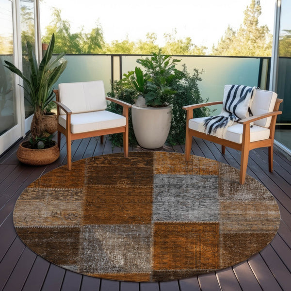 Homeroots 3' Copper Navy Blue And Gold Patchwork Area Rug – Stylish, Washable, Indoor/Outdoor & Durable Design 8' Round Polyester 580660