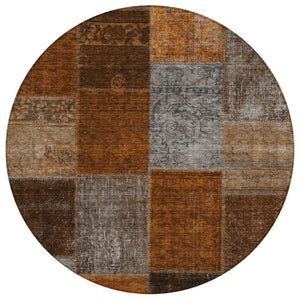 HomeRoots 5' Bold Orange and Taupe Patchwork Indoor Outdoor Area Rug - Durable, Washable, and Stylish Design 8' Round 580660
