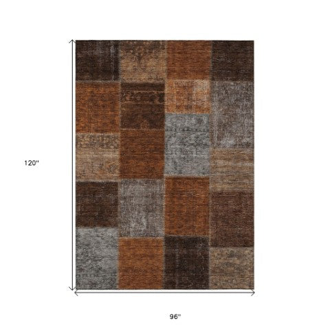 Homeroots 3' Copper Navy Blue And Gold Patchwork Area Rug – Stylish, Washable, Indoor/Outdoor & Durable Design 8' X 10' Polyester 580661