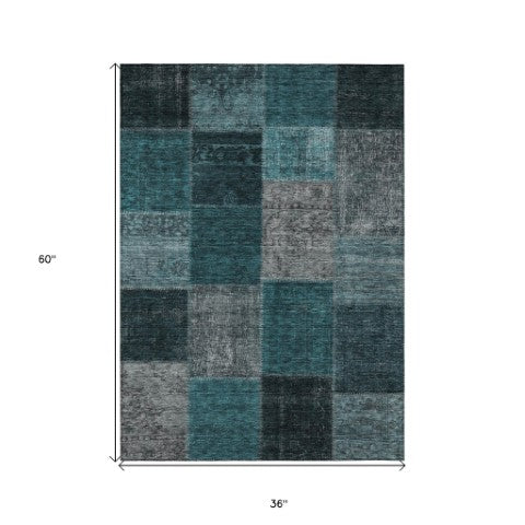 Homeroots 3' Copper Navy Blue And Gold Patchwork Area Rug – Stylish, Washable, Indoor/Outdoor & Durable Design 3' X 5' Polyester 580664