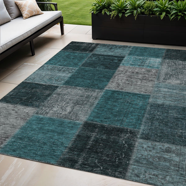 Homeroots 3' Copper Navy Blue And Gold Patchwork Area Rug – Stylish, Washable, Indoor/Outdoor & Durable Design 5' X 8' Polyester 580665