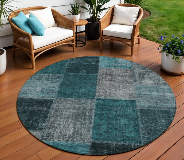 Homeroots 3' Copper Navy Blue And Gold Patchwork Area Rug – Stylish, Washable, Indoor/Outdoor & Durable Design 8' Round Polyester 580666