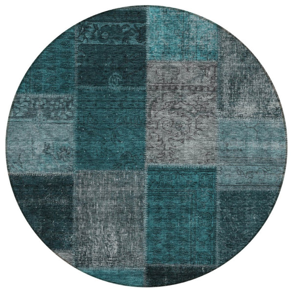 HomeRoots 5' Teal Blue Aqua Charcoal Patchwork Indoor Outdoor Area Rug - Stylish, Durable & Machine Washable! 8' Round 580666